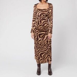 Ganni Ruche Silk Zebra Print Long Sleeve Dress/Size 4